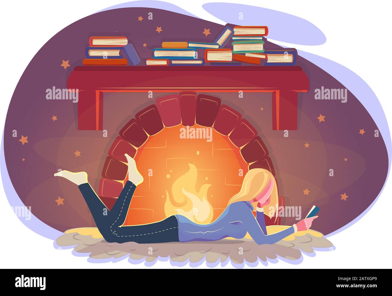 Fille lire livre en hiver par cheminée. Illustration par temps froid. Concept d'éducation moderne. Design moderne et confortable pour l'hiver. Jeune femme étudiant par foyer dans le style plat. Détendez-vous le soir isolé sur le blanc. Illustration de Vecteur