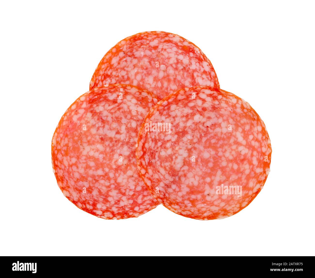 Fines tranches de salami hongrois isolées sur blanc Banque D'Images Fines tranches de salami hongrois isolées sur blanc Banque D'Images