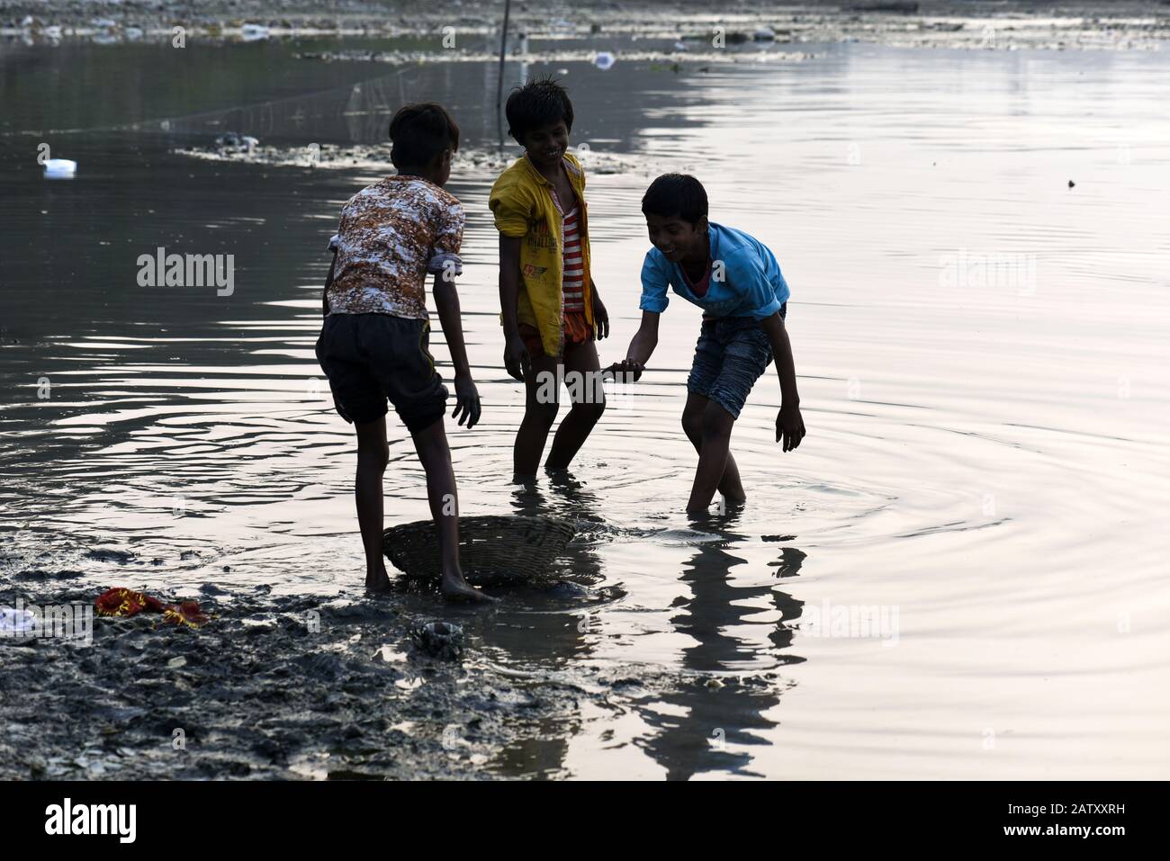 5 février 2020, Guwahati, Assam, Inde: Les enfants qui cherchent des poissons dans la rivière Brahmapoutre, à Guwahati. (Image Crédit : © David Talukdar/Zuma Wire) Banque D'Images