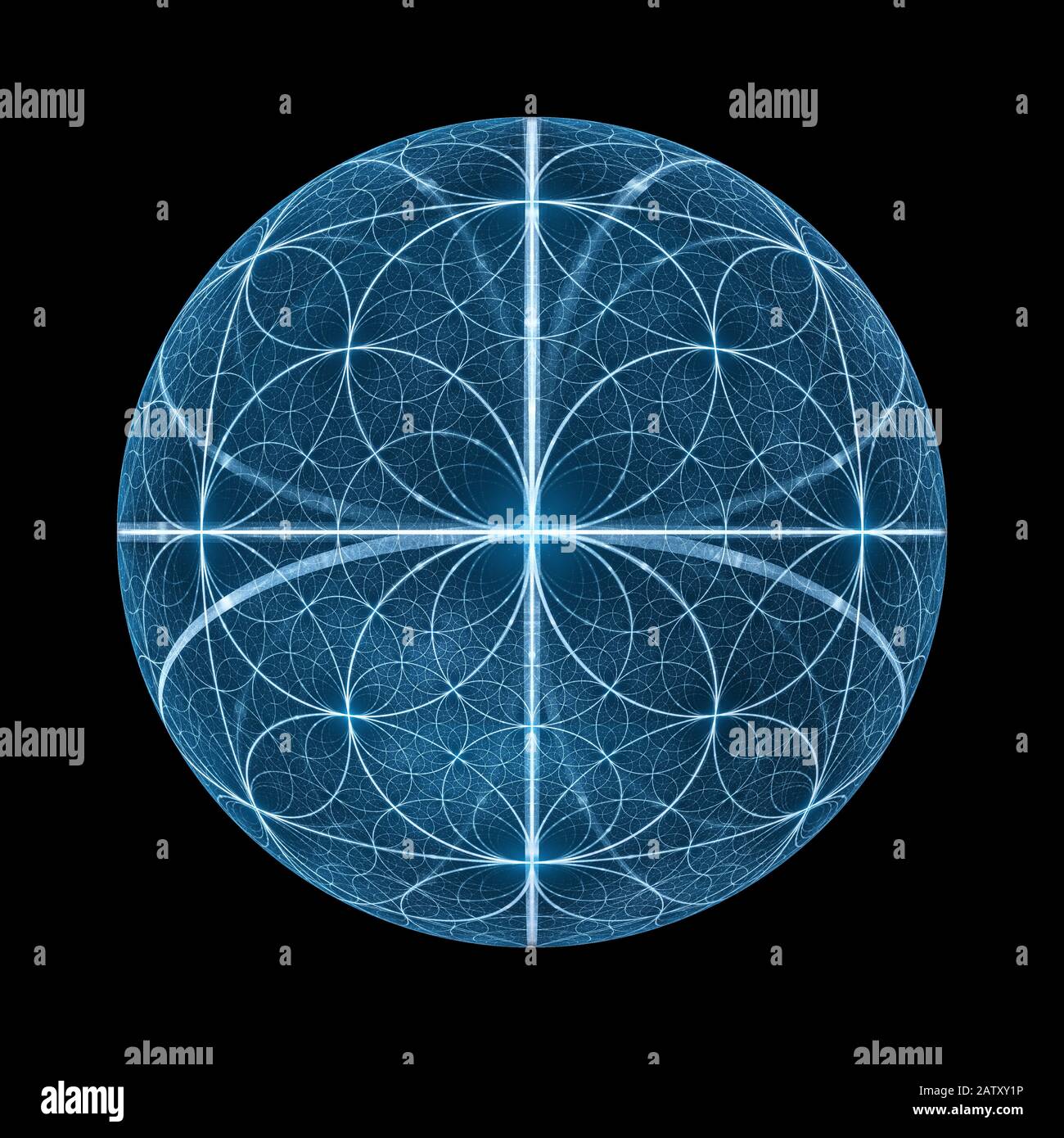 Boule de cercles de fibonacci brillant bleu, fractale abstrait généré par ordinateur, isolée sur le noir, rendu tridimensionnel Banque D'Images