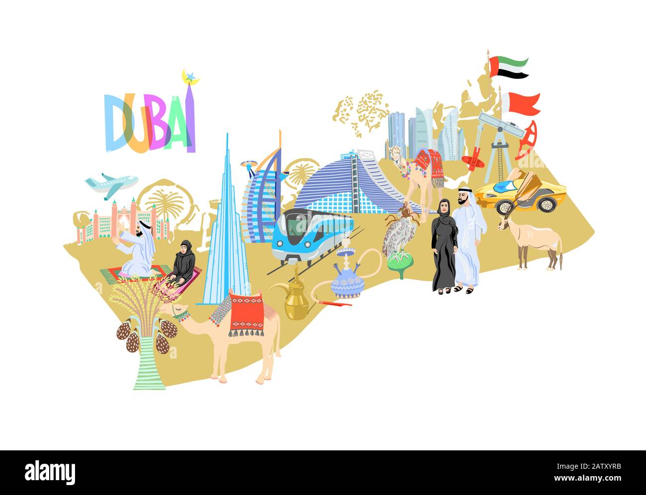 Carte de Dubaï avec symboles des dessins à la main, Émirats arabes Unis, Moyen-Orient Illustration de Vecteur