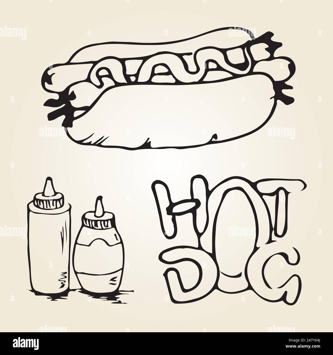 Illustration tirée à la main par un chien chaud double. Éléments de conception de Fast-food, croquis de double hot-dog avec sauces dans des bouteilles et étiquette écrite à la main. Monochrome Illustration de Vecteur