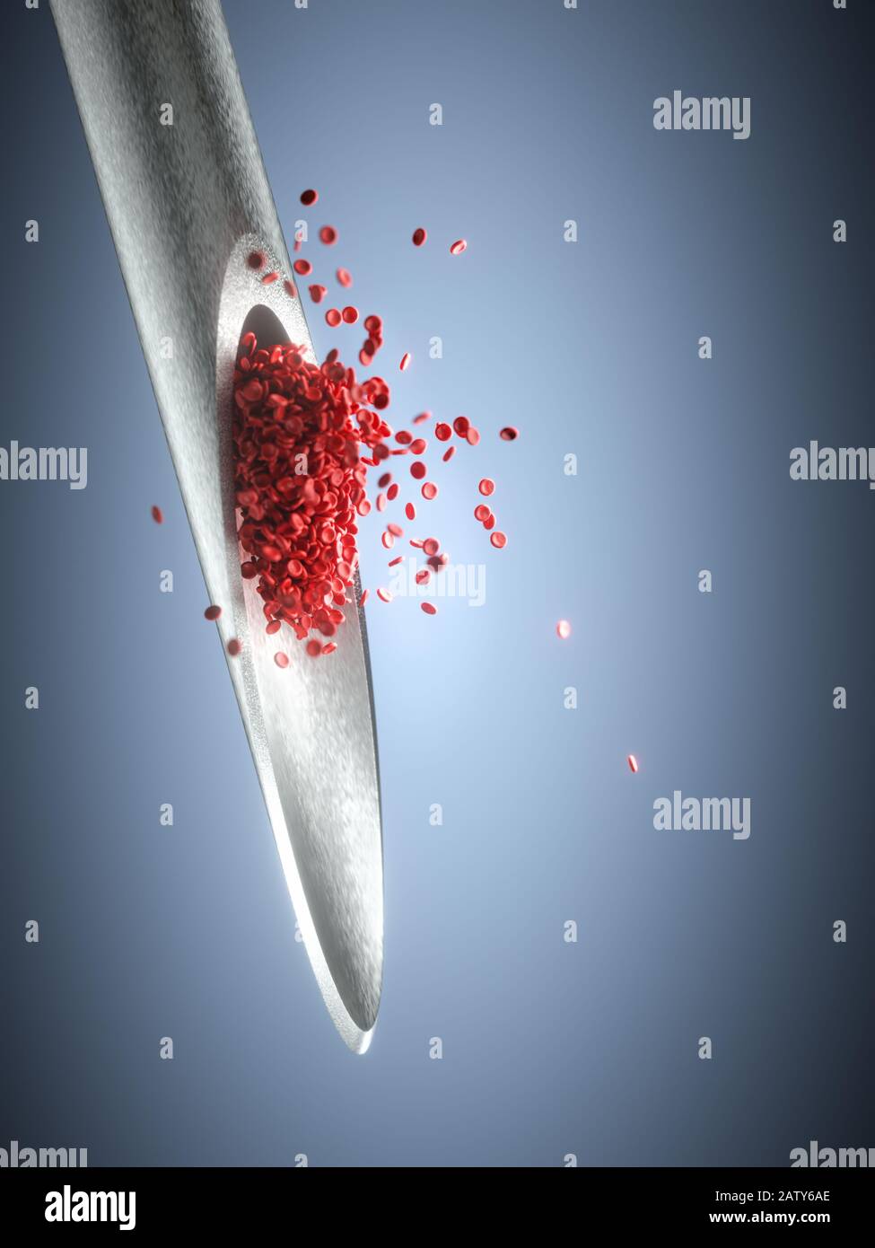Aiguille d'injection avec globules rouges dépassant de la pointe. Illustration tridimensionnelle, image conceptuelle de la médecine et des études scientifiques. Banque D'Images