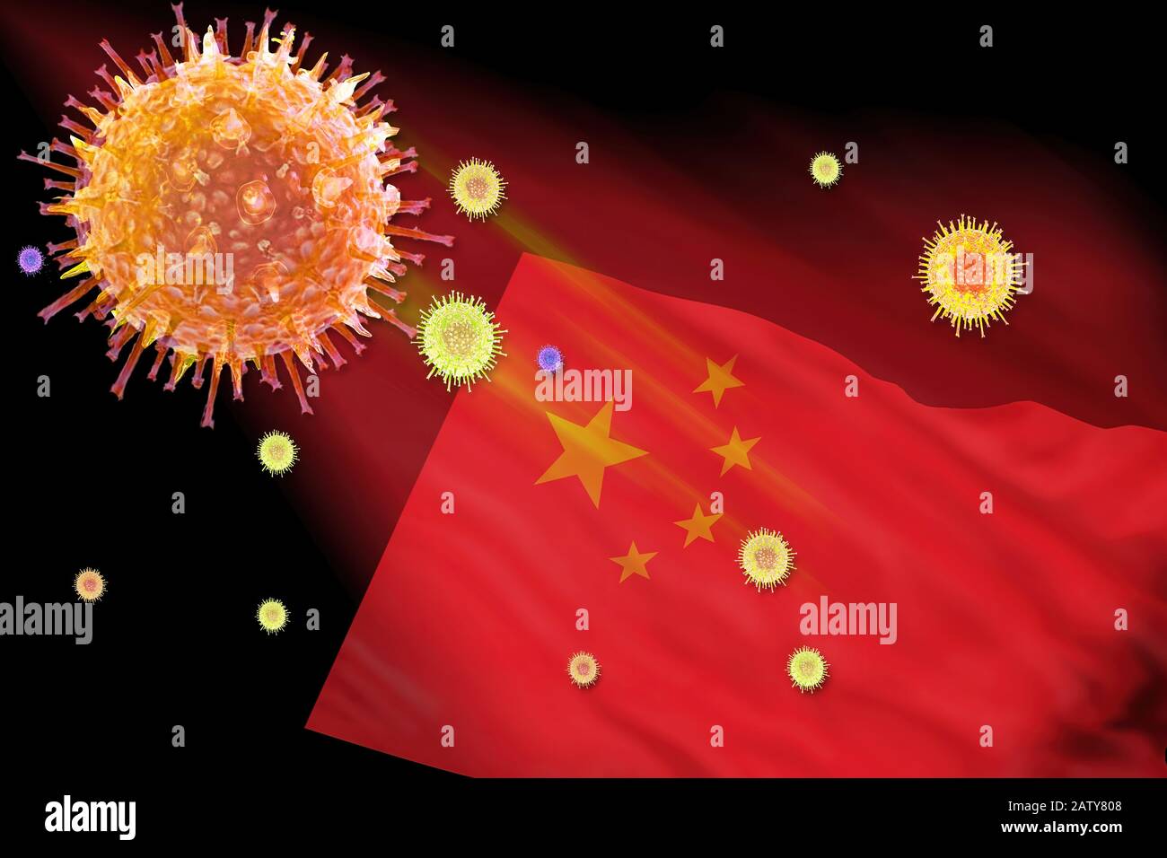 Illustration de l'éclosion du virus du coronavirus de Chine Wuhan avec le drapeau chinois. Banque D'Images