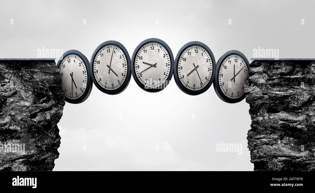 Concept de fuseau horaire avec horloges murales avec différents fuseaux horaires internationaux ou nationaux avec éléments d'illustration tridimensionnelle. Banque D'Images