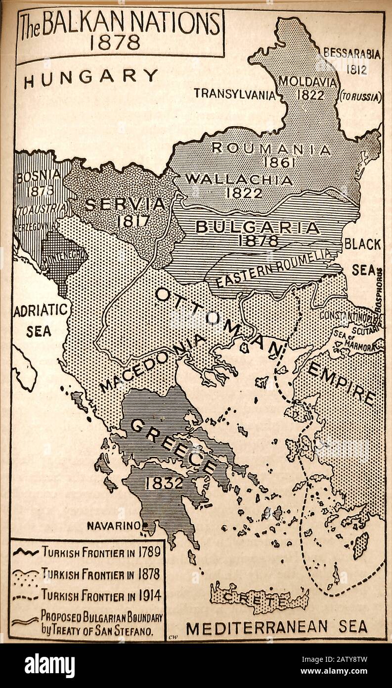 Une carte historique de la région des Balkans en 1878 avec les dates de chaque nation. Banque D'Images