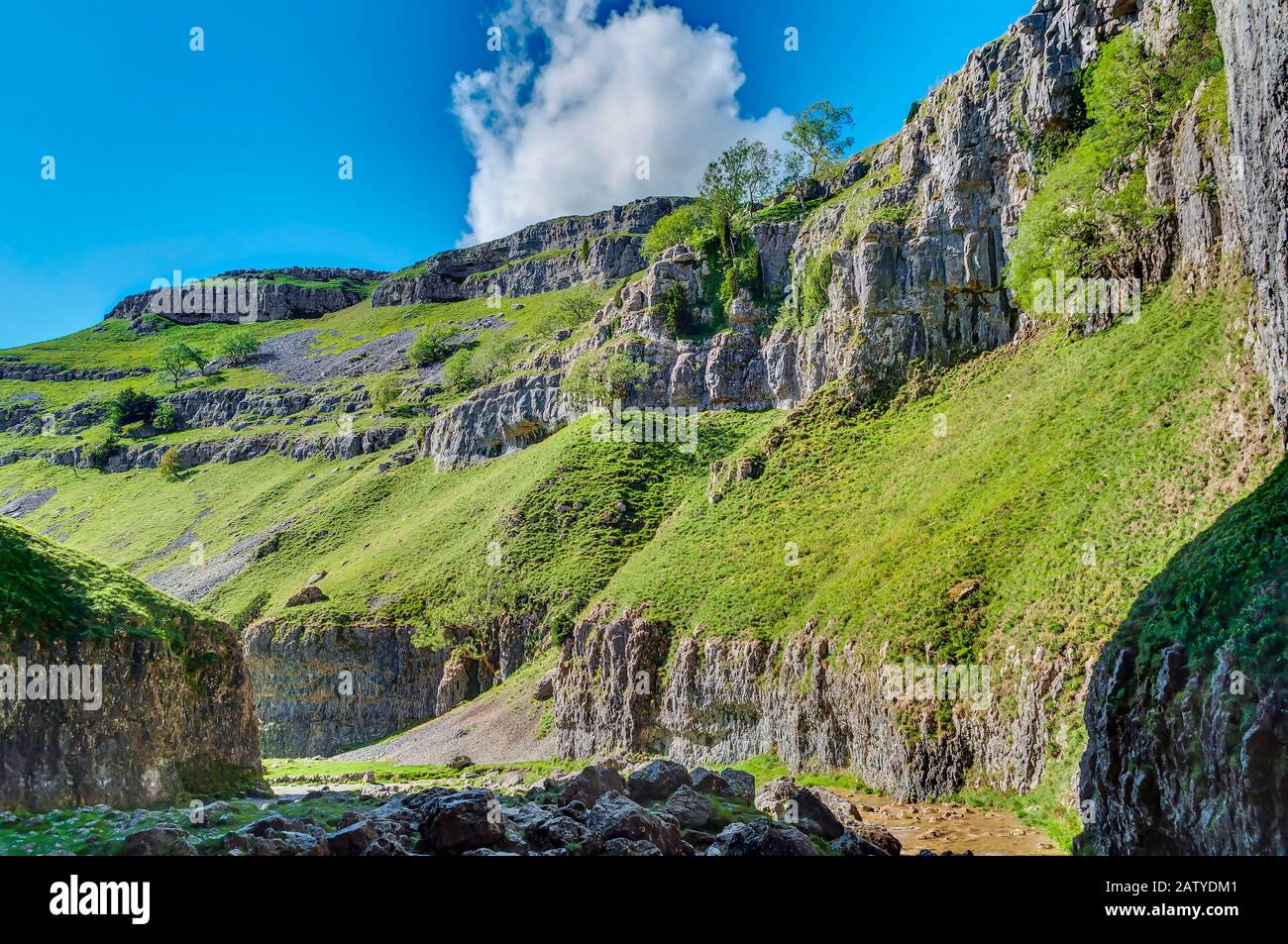 Vue sur le sud de la gorge à Gordale Cicatrice, parc national du Yorkshire Dales Banque D'Images