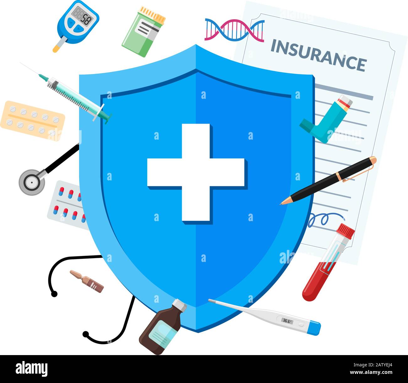 Assurance santé médicale ou concept du système immunitaire. Bouclier rouge sur la politique de protection des patients avec médicaments médicaments et préparations pharmaceutiques. Illustration du symbole d'immunité vectorielle Illustration de Vecteur