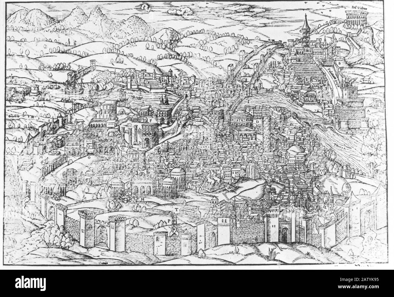 1500 c : ROME ( Italie ) , gravure ancienne de la ville autour de 1500's - ROMA - VATICANO - CITÉ DU VATICAN - paesaggio - paysage - URBANISTICA - plan de la ville Banque D'Images