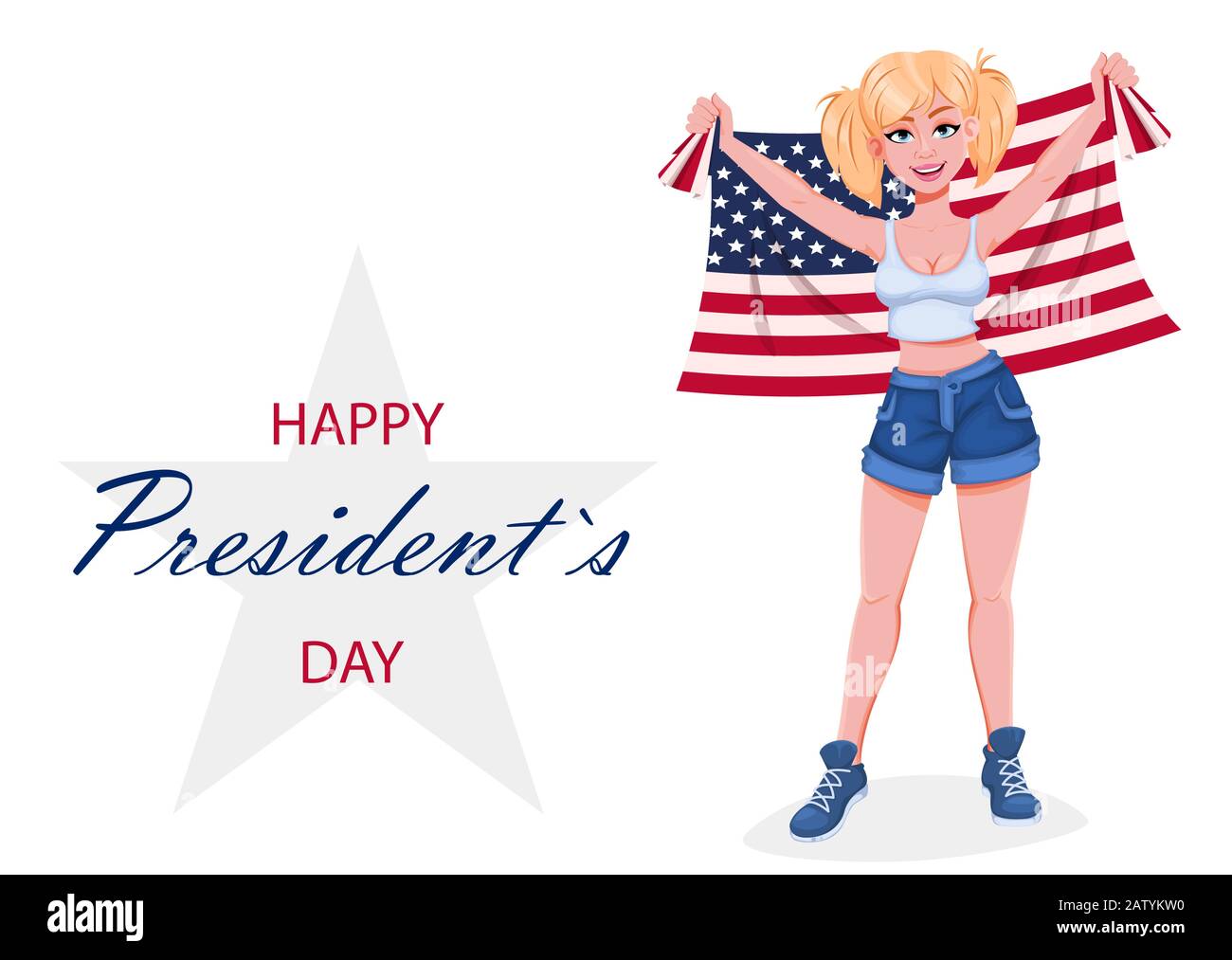 Bonne carte de vœux du président. Belle fille personnage de dessin animé tenant le drapeau des États-Unis. Illustration vectorielle de stock. Illustration de Vecteur