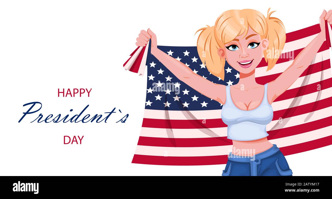 Bonne carte de vœux du président. Belle fille personnage de dessin animé tenant le drapeau des États-Unis. Illustration vectorielle de stock sur fond blanc Illustration de Vecteur