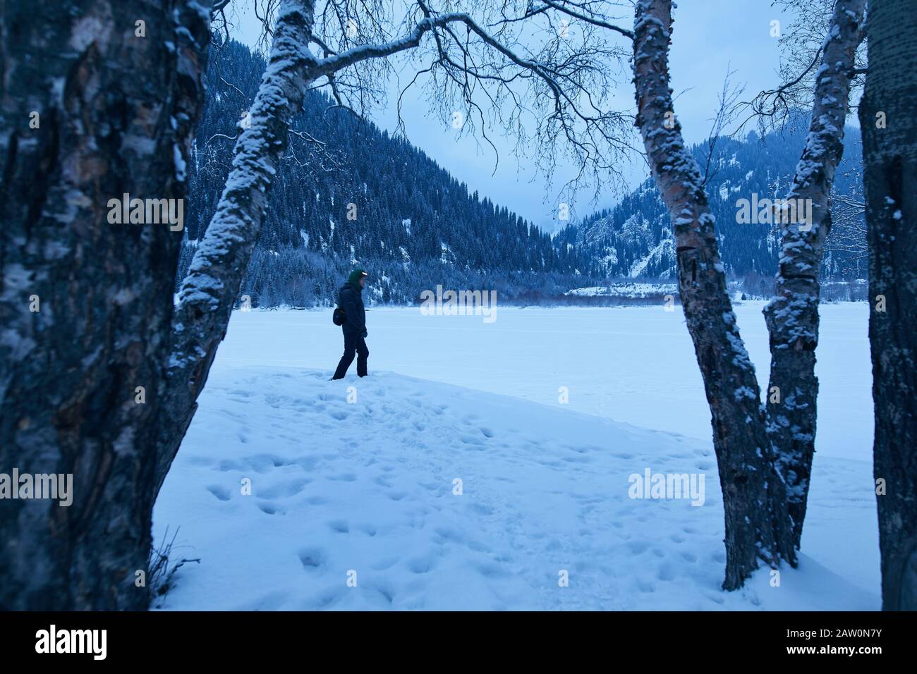 L'homme marche au lac gelé près de la forêt en hiver dans les montagnes. Banque D'Images