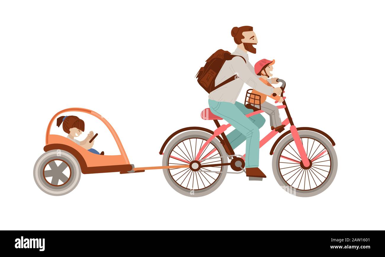 Joyeux père à vélo avec deux enfants à l'arrière de la remorque de vélo  pour enfant. Bonne famille sur la bicyclette, l'homme et les enfants -  illustration vectorielle de dessin animé, isolé