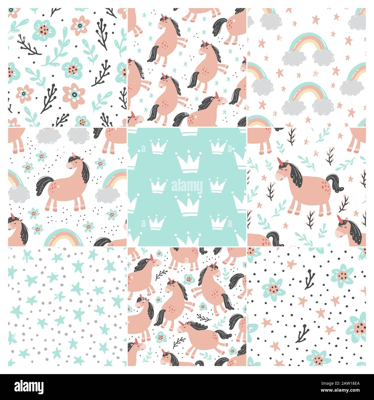 Motif sans couture UNICORN de style dessin animé à la mode simple. UNICORN, cheval magique, poney pour enfants et textile magique, papier à morpais, tissu design. Illustration vectorielle isolée. Illustration de Vecteur