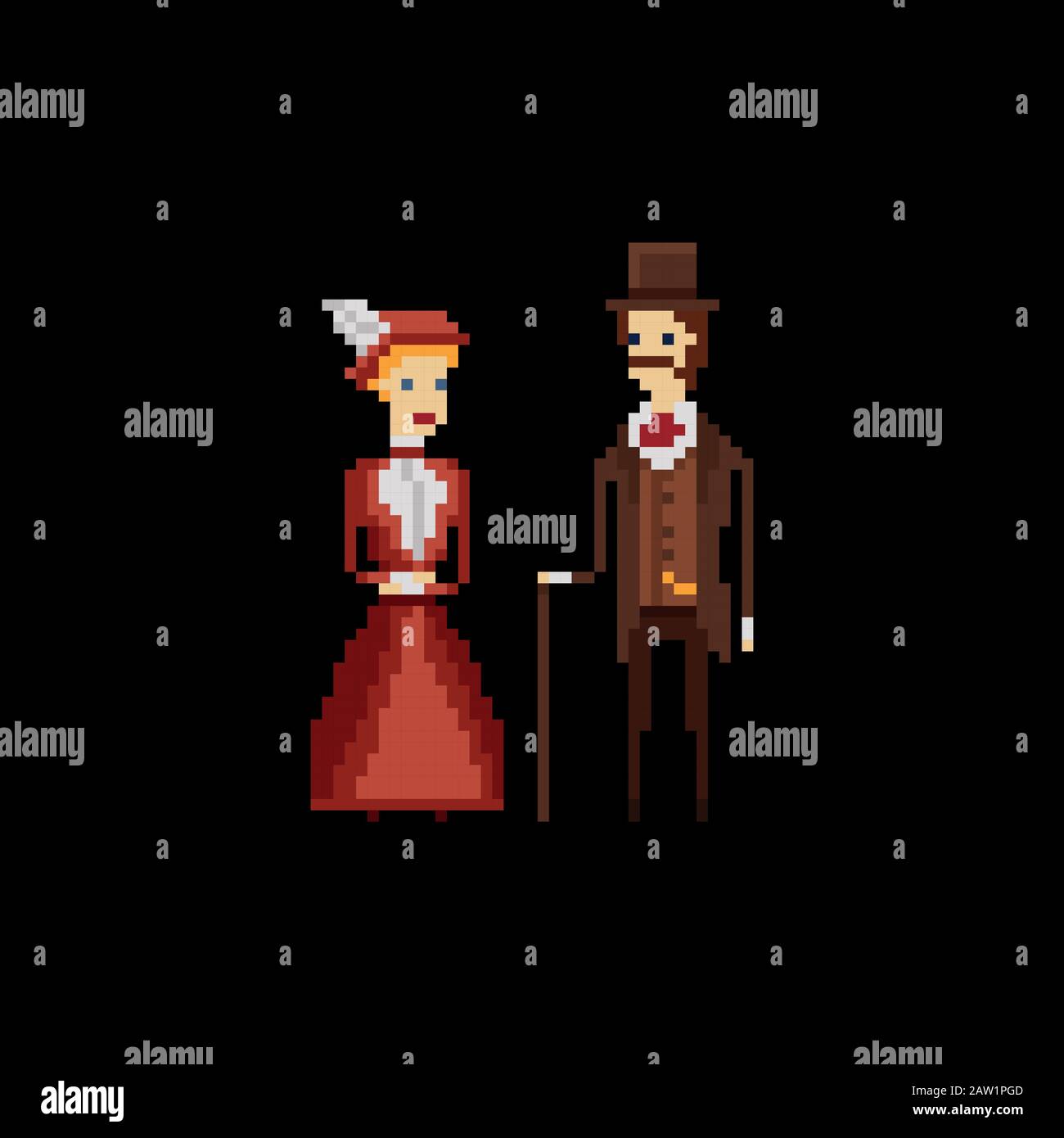 Homme victorien avec canne et dame en robe rouge et chapeau - pixel art vectoriel 8 bits illustration sur fond brun foncé Illustration de Vecteur