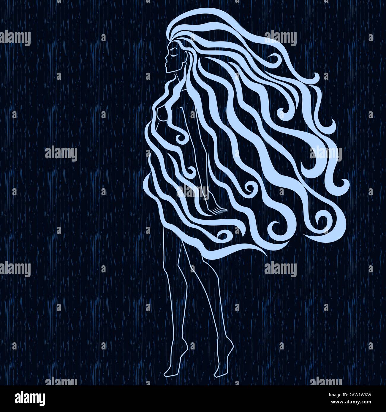 Mystérieuse dame abstraite avec de longs cheveux ondulés et magnifiques qui couvre son corps, contre un fond dans des tons bleus qui peuvent être utilisés comme un marin séparé Illustration de Vecteur