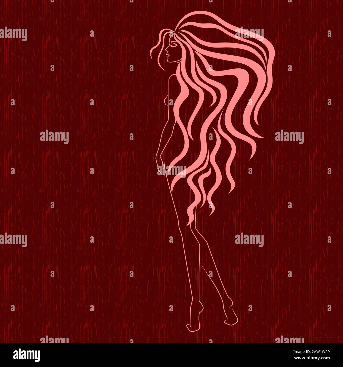 Élégante et charmante dame abstraite avec de longs cheveux de luxe couvrant partiellement son corps, l'arrière-plan dans des tons rouges peut être utilisé comme un textur séparé sans couture Illustration de Vecteur