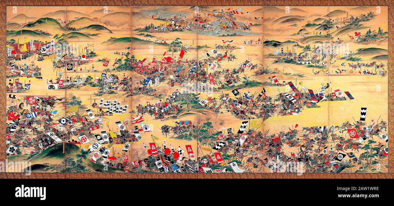 Ecran japonais représentant la bataille de Sekigahara, octobre 1600 Banque D'Images