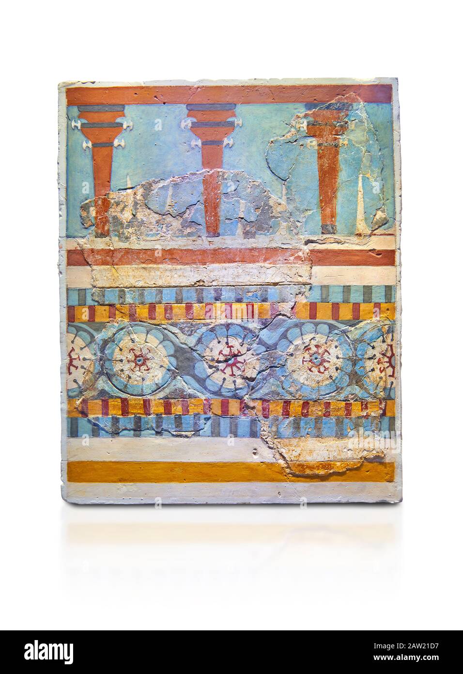 La minture Minoan 'Three columned Shrine' fresco Knossos-Palace, 1700-1450 av. J.-C. Musée archéologique d'Héraklion. Fond blanc le freco dépeint Banque D'Images