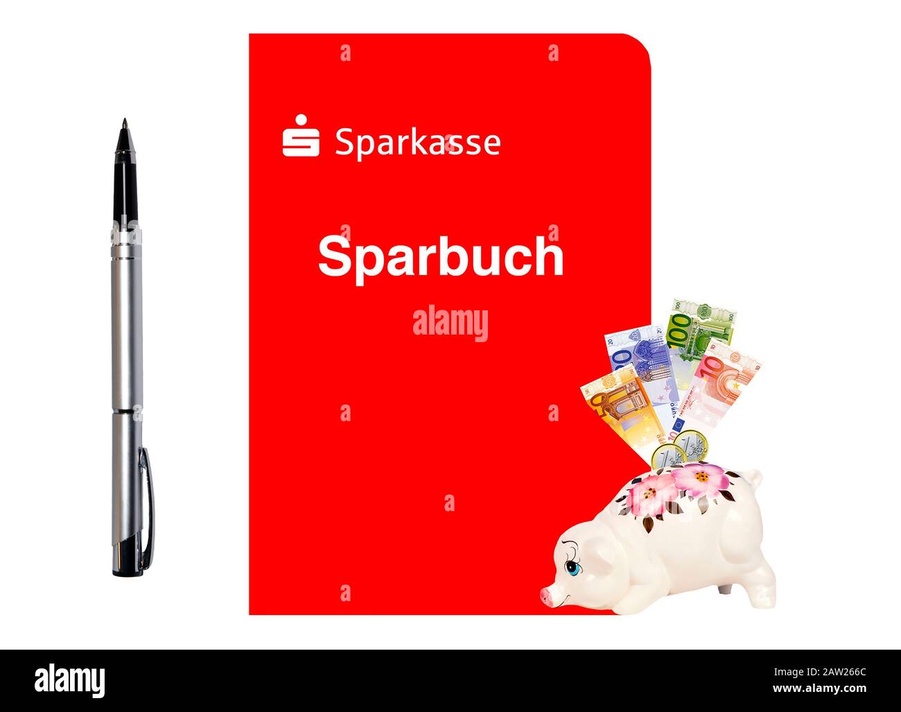 Bankbook de Sparkasse avec banque de porc, billets d'euros et stylo à bille Banque D'Images