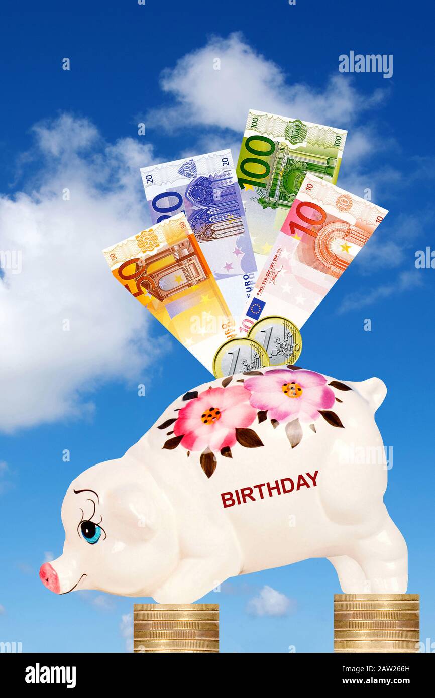 Piggybank devant ciel nuageux sur les pièces en euros avec factures en euros et anniversaire lettering, Allemagne Banque D'Images