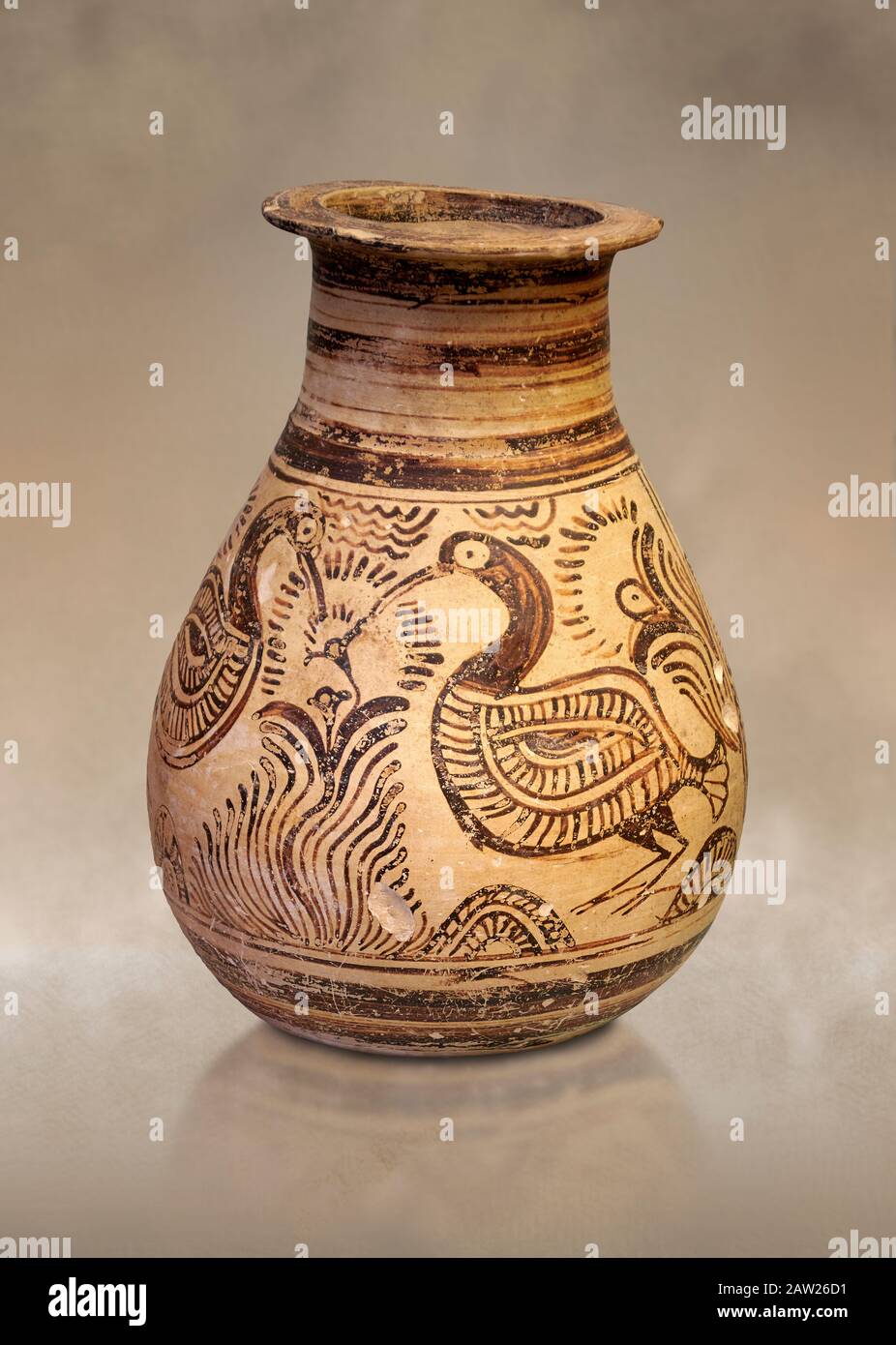 Argile Minoan décoré Alabastra avec 2 oiseaux de fleurs de pecking, Phaistos-Kalyvia 1400-1300 BC, Musée archéologique d'Héraklion. Banque D'Images