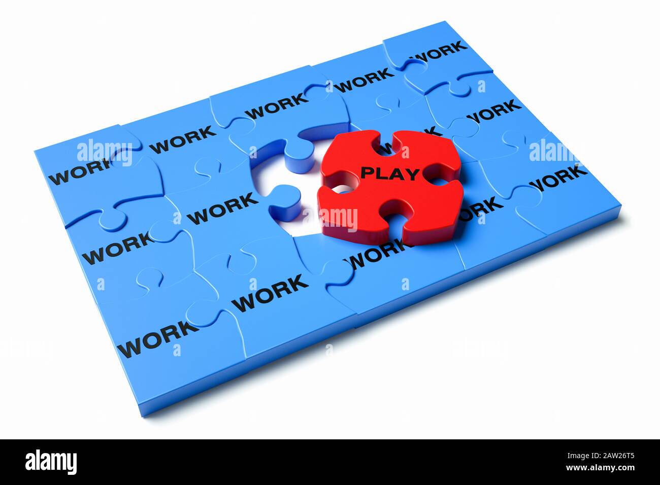 Tout le travail et pas de jeu, concept d'équilibre entre vie professionnelle et vie privée, travail incomplet concepts de puzzle avec une seule pièce disant « jouer » Banque D'Images
