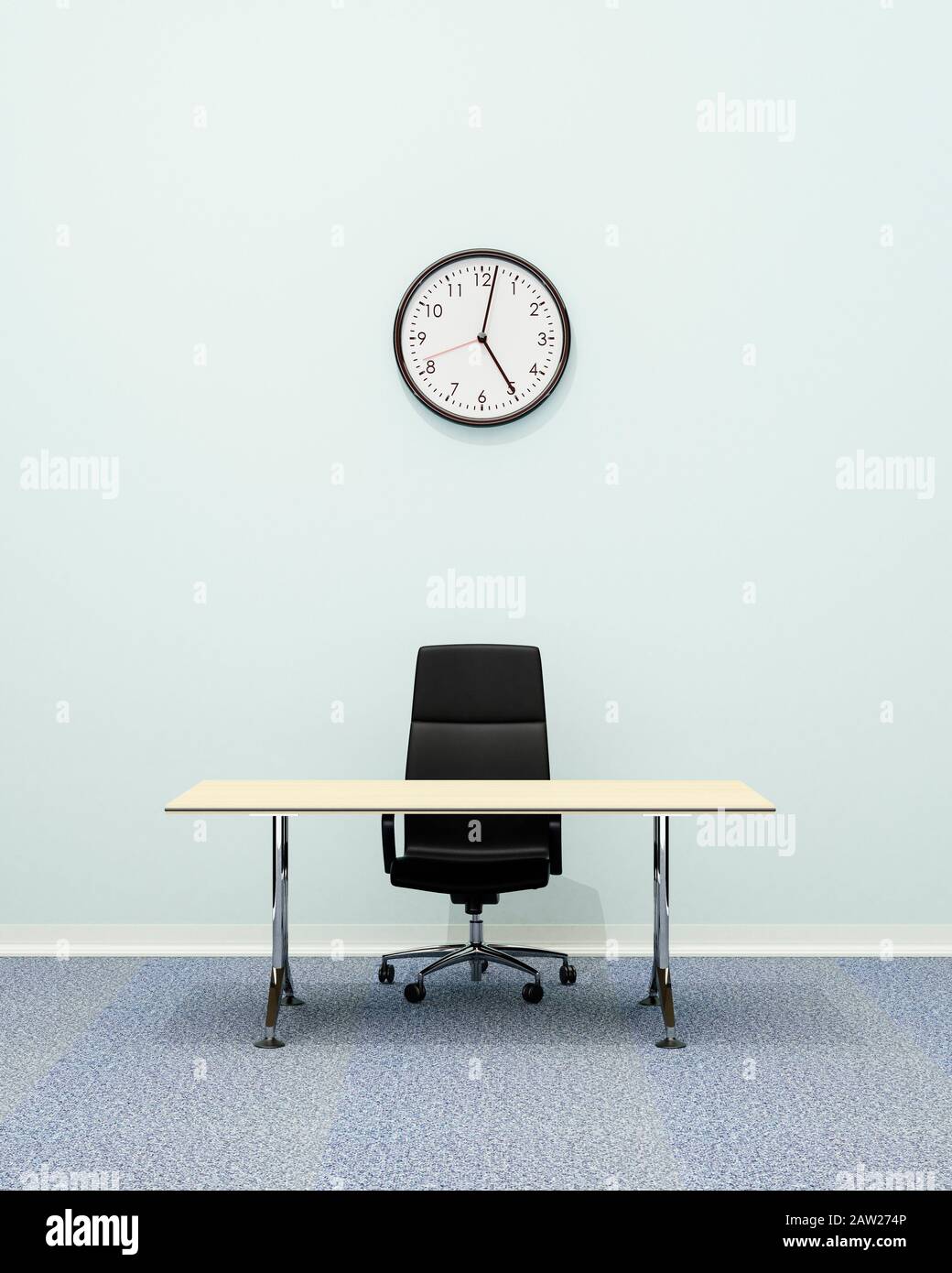 Intérieur de bureau, chaise de bureau en cuir Executive et bureau vide avec horloge murale à 17:00 Banque D'Images