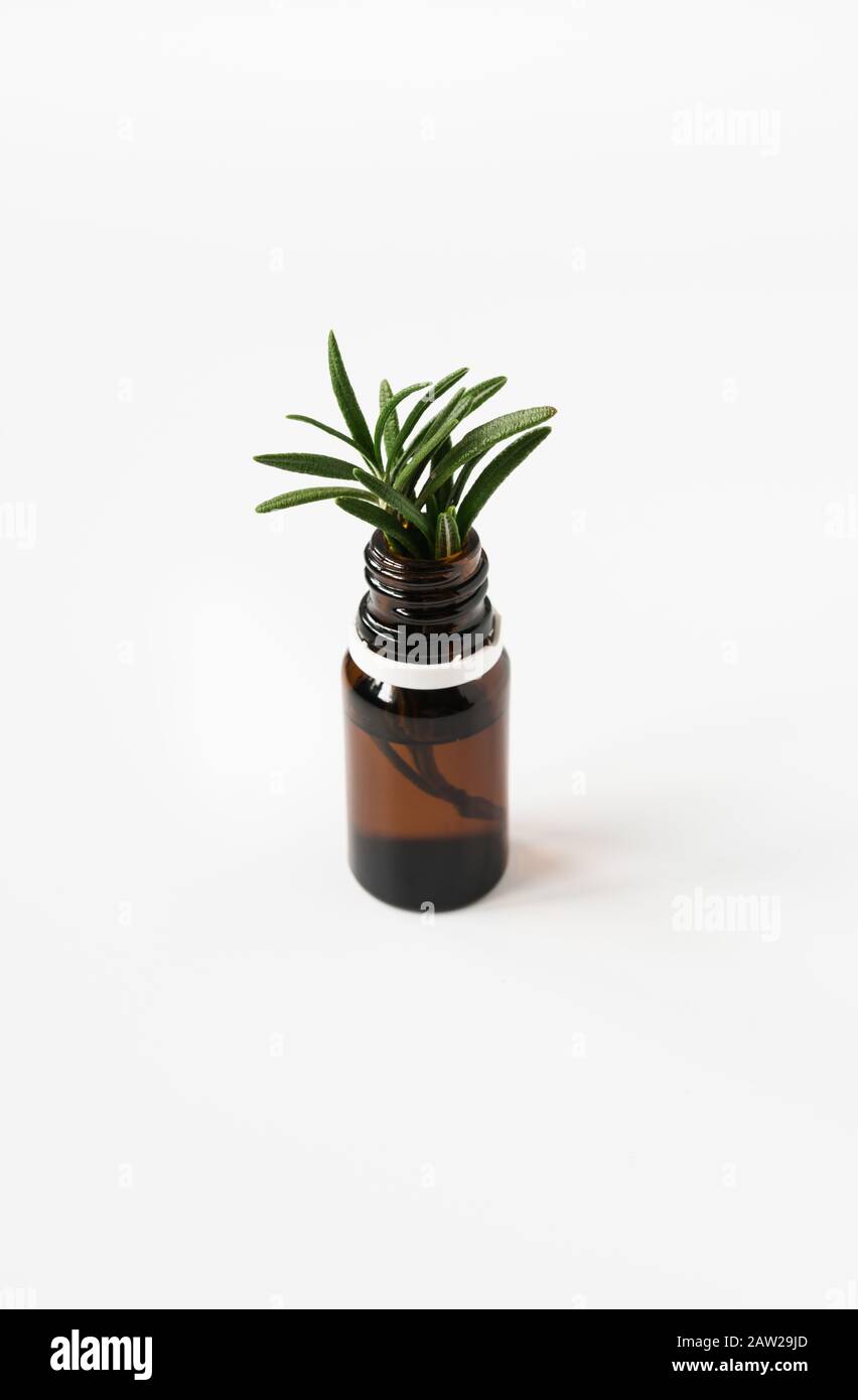 bouteille de verre isolée avec huile aromatique et un brin de romarin sur fond blanc Banque D'Images