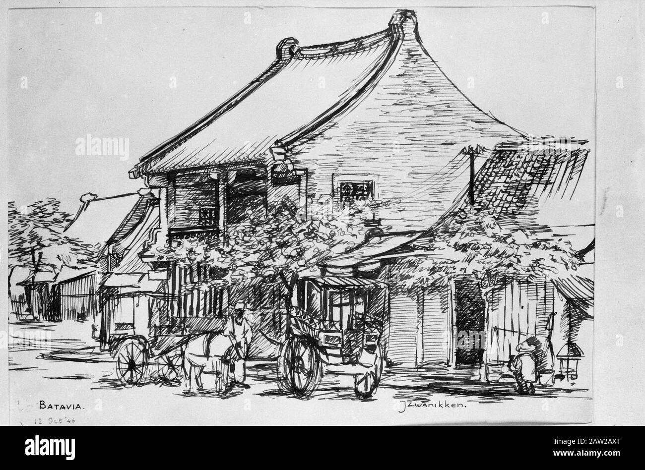 Reproductions de dessins Dessin de plume de J. Zwanikken, Batavia en date du 12 octobre 1946 Date: 1947 lieu: Indonésie Hollandais East Indies Banque D'Images