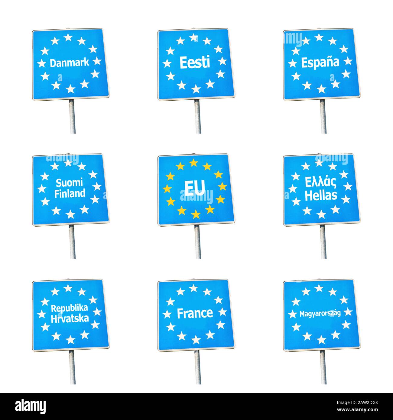 Panneaux frontières UE - isolés sur fond blanc Banque D'Images