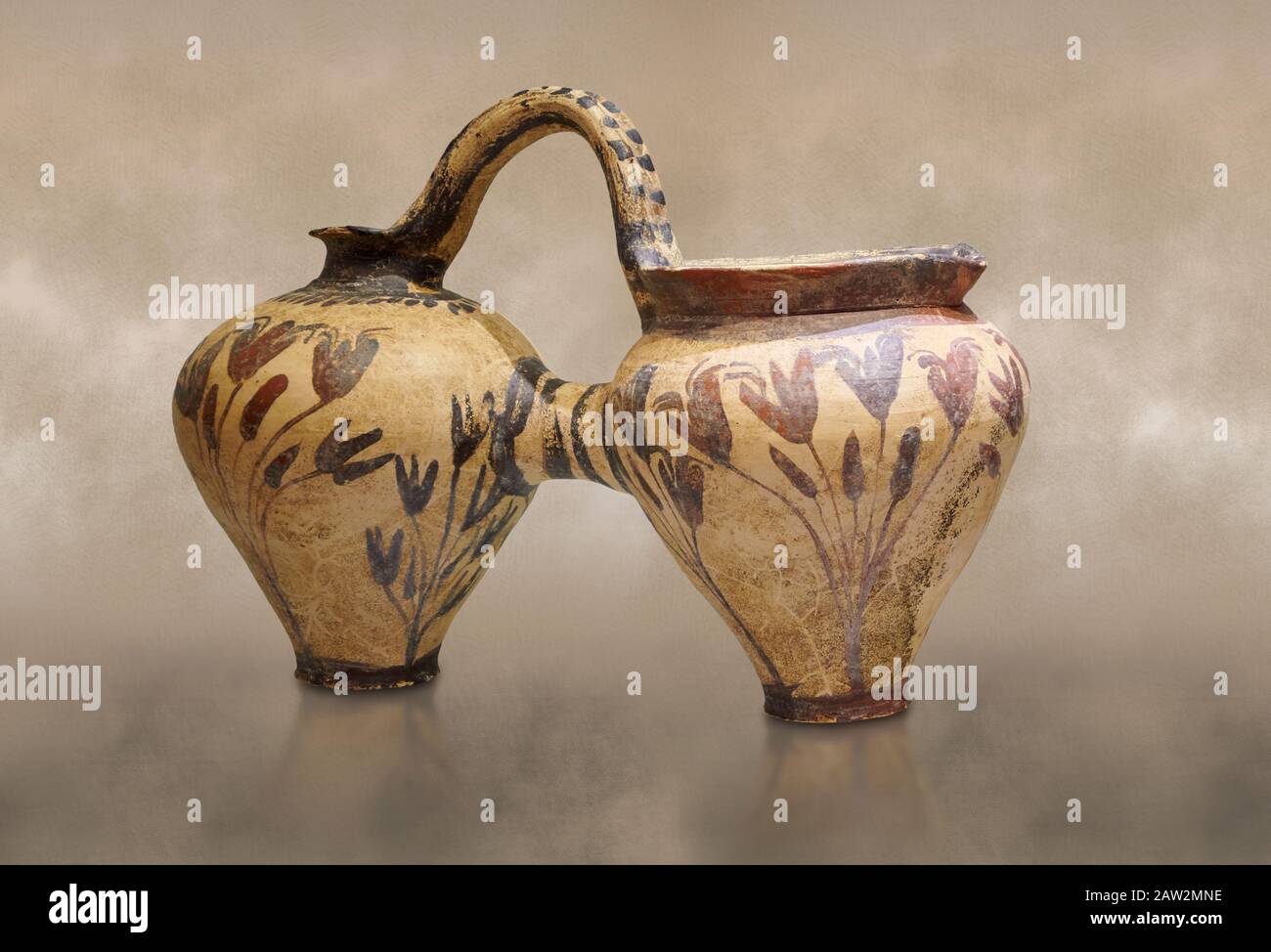 Minoan décoré d'une double brochette avec motif fleuri crocus, Poros Héraklion 1800-1650 av. J.-C.; Musée archéologique d'Héraklion. Banque D'Images