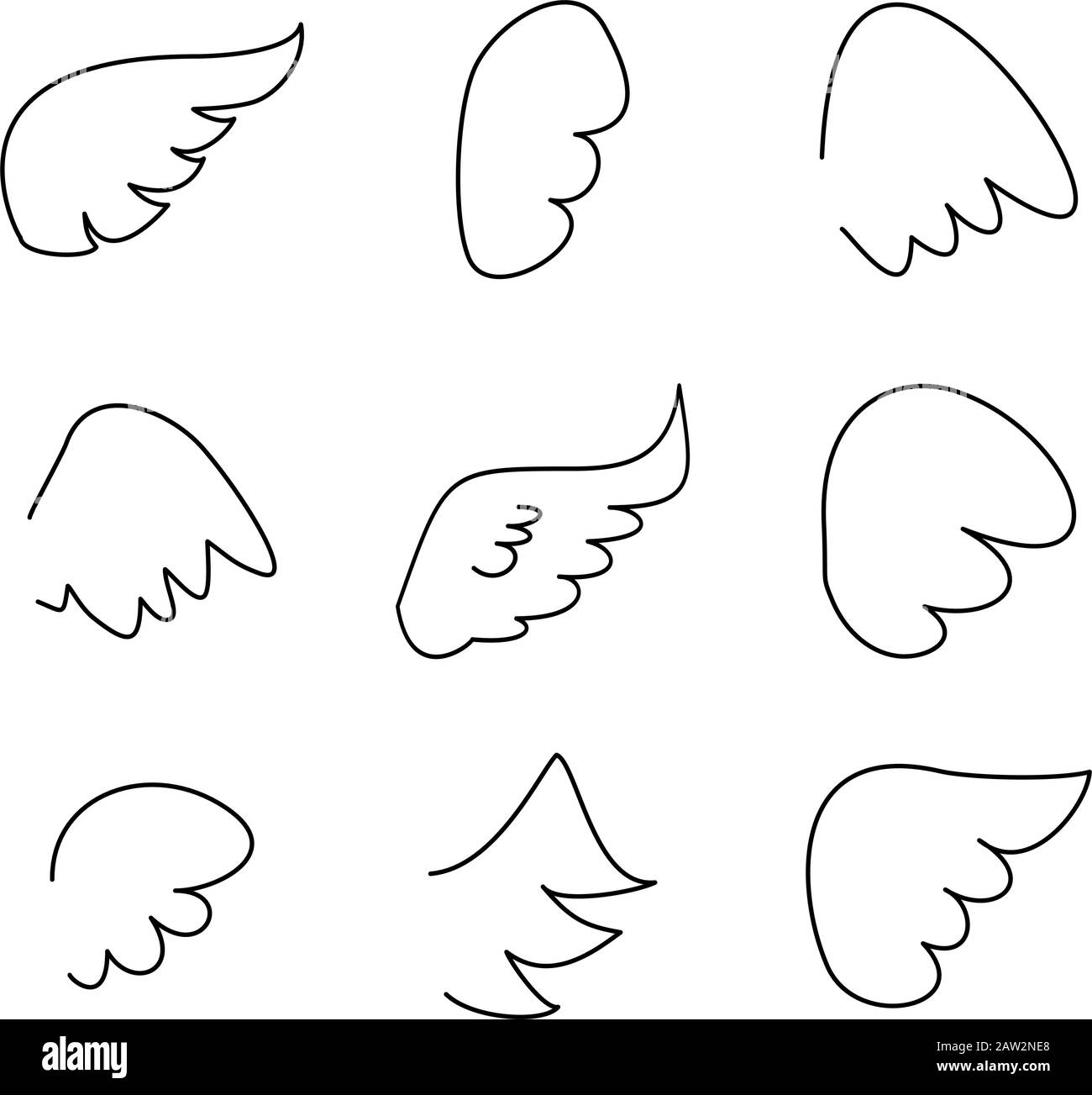 Collection Wings. Illustration vectorielle définie avec l'icône représentant une aile d'ange ou d'oiseau isolée sur fond blanc Illustration de Vecteur