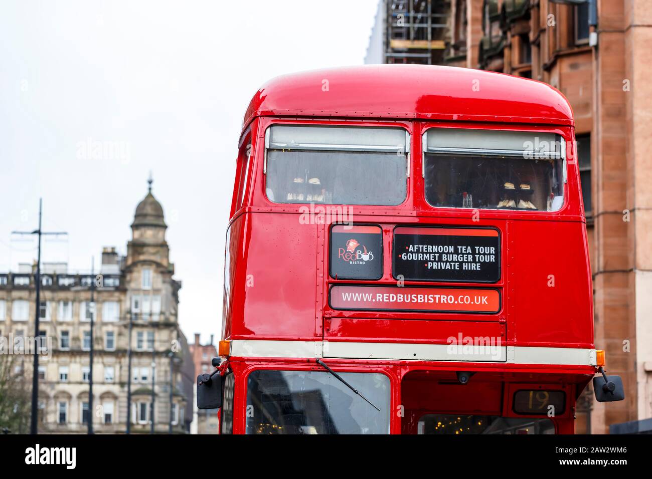 Détail de l'avant du Red bus Bistro dans le centre-ville de Glasgow, Ecosse, Royaume-Uni Banque D'Images