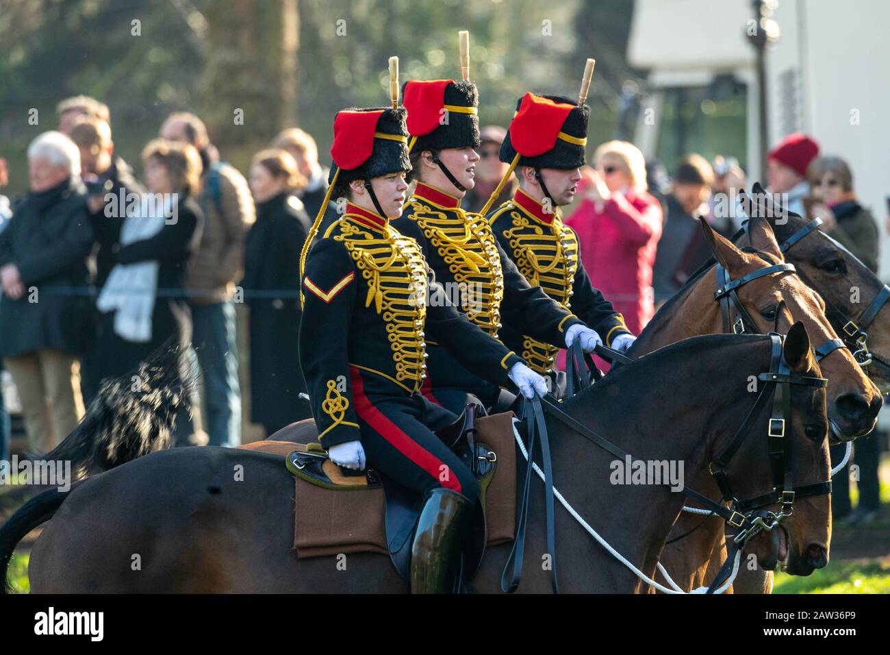 Londres, Royaume-Uni. 6 février 2020. L'Artillerie du roi Troop Royal Horse, portant un uniforme vestimentaire parfaitement présenté, offre une vue colorée lorsqu'ils font monter leurs chevaux et leurs voitures d'armes à feu au parc vert pour mettre en scène une salade royale d'armes 41 pour marquer le 68ème anniversaire de l'adhésion de sa Majesté La Reine. Crédit : Ian Davidson/Alay Live News Banque D'Images