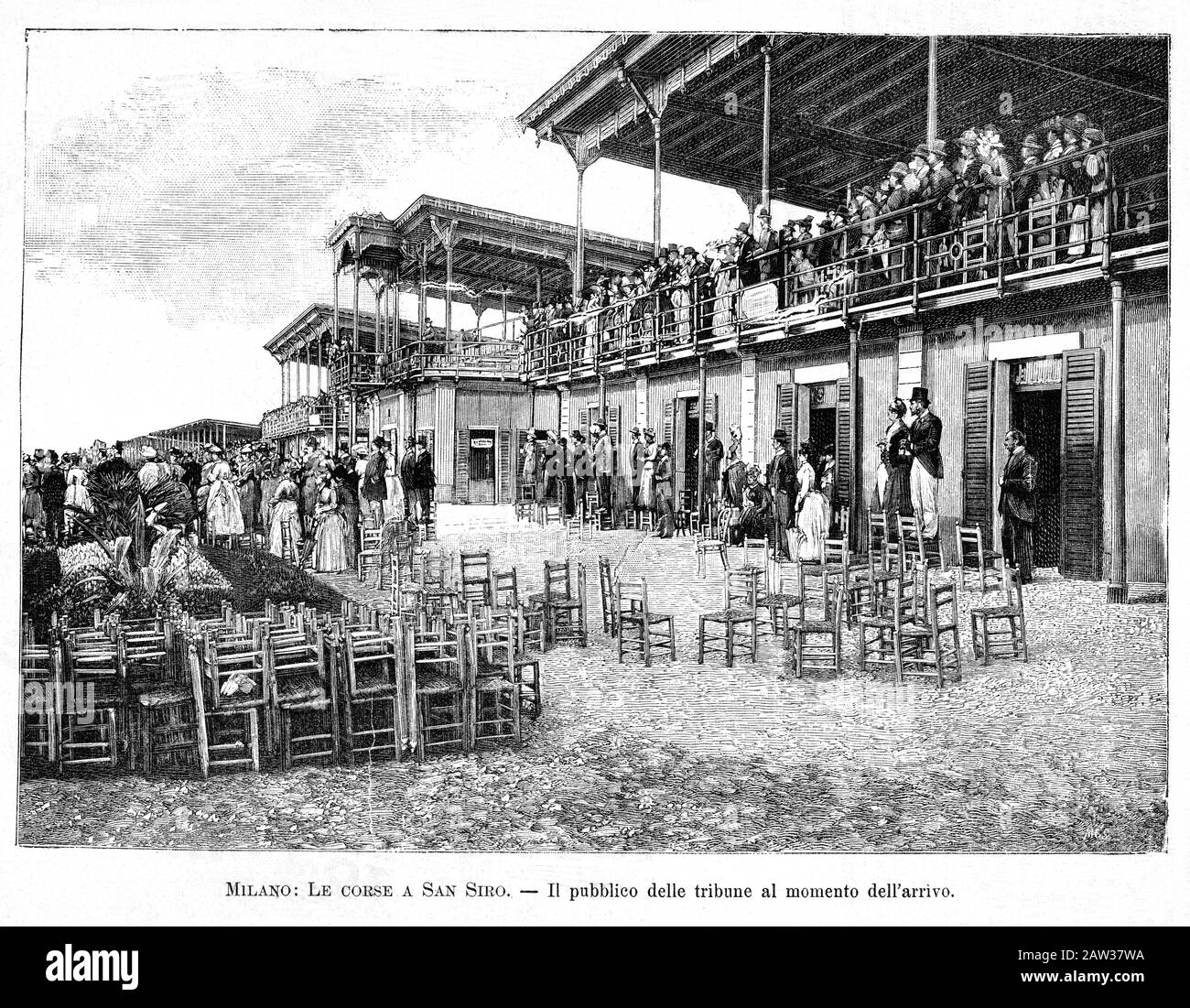 1890 , MILAN, ITALIE : les courses de chevaux à l'hippodrome SAN SIRO . Gravure du magazine italien illustré l'ILLUSTRAZIONE POPOLARE , 18 mai 1890 Banque D'Images