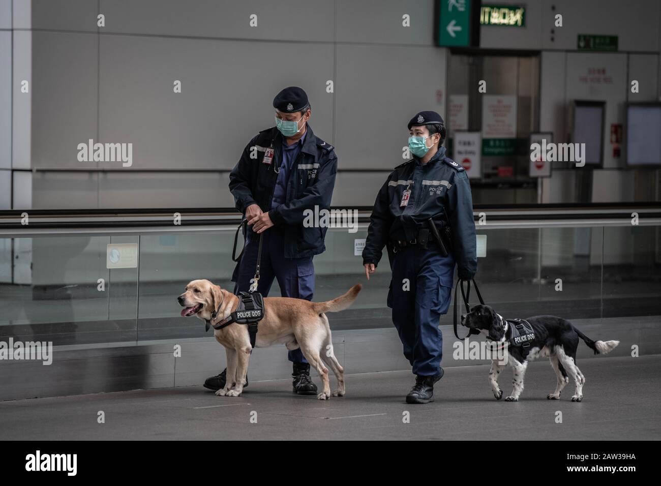 Hong Kong, Chine. 06 février 2020. Les agents de police portent des masques chirurgicaux à l'aéroport international de Hong Kong à Hong Kong. Un autre jour à Hong Kong pendant l'épidémie du virus corona. Éclosion communautaire déclarée dans la ville : le gouvernement a déclaré que tous les voyageurs en provenance de la Chine continentale, y compris les résidents de Hong Kong, seraient placés sur une quarantaine obligatoire de 14 jours dans le cadre de sa réponse remontée à la contagion. Crédit: Sopa Images Limited/Alay Live News Banque D'Images