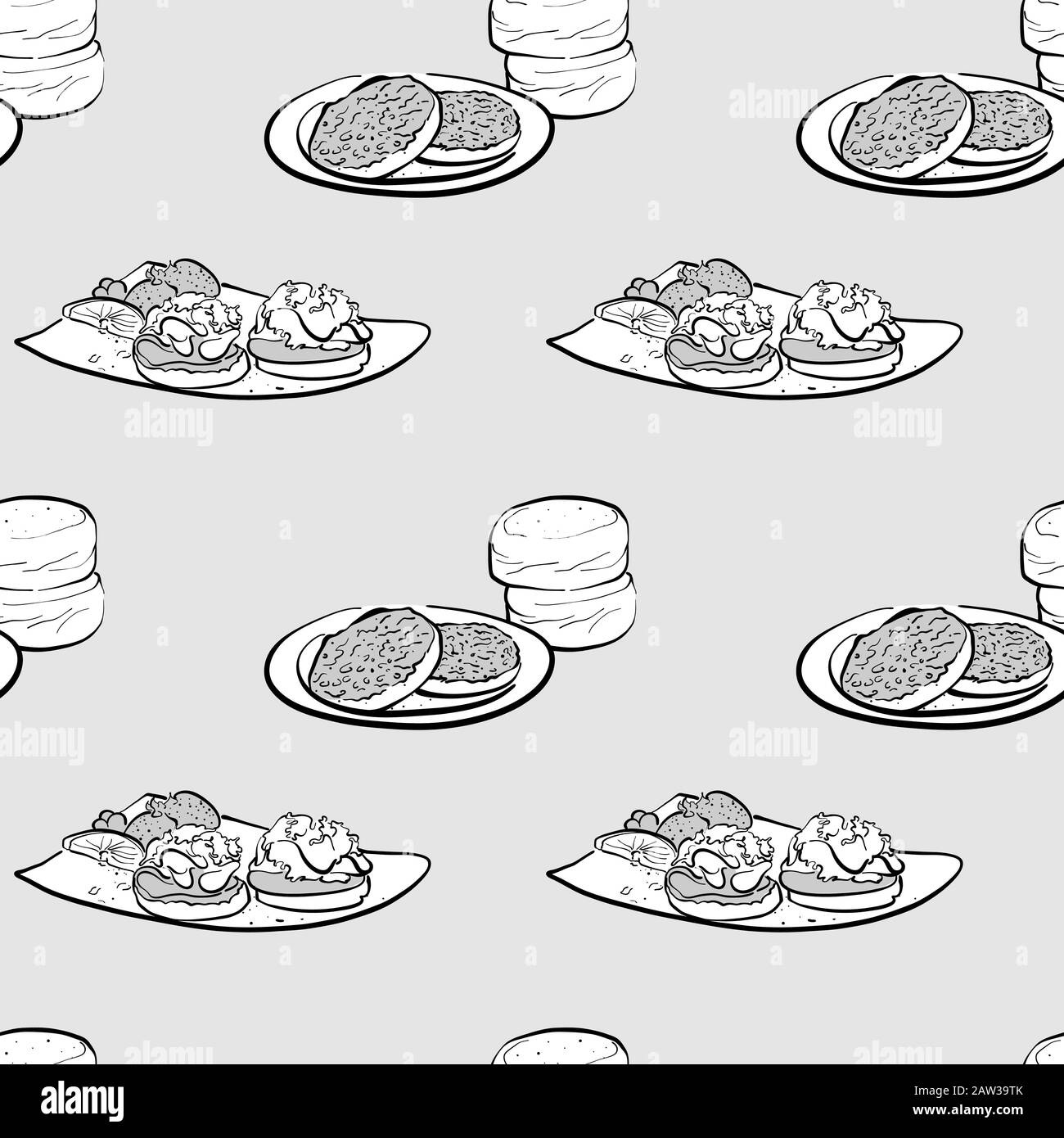 Mise en plan en niveaux de gris à motif transparent et muffin anglais. Utilisable pour le papier peint ou la décoration de toute taille. Illustration Vectorielle Dessinée À La Main Illustration de Vecteur
