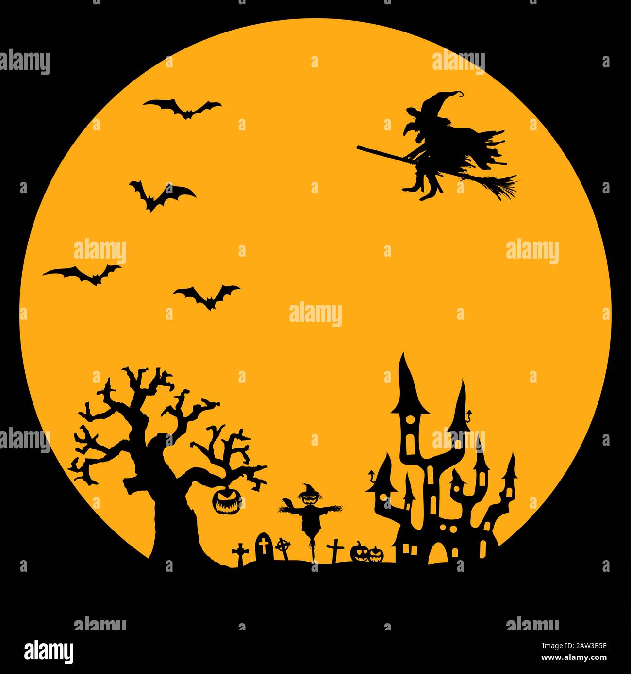 Château sombre et sorcière en face de la pleine lune avec des éléments illustrés effrayant Halloween pour les modèles d'arrière-plan Illustration de Vecteur