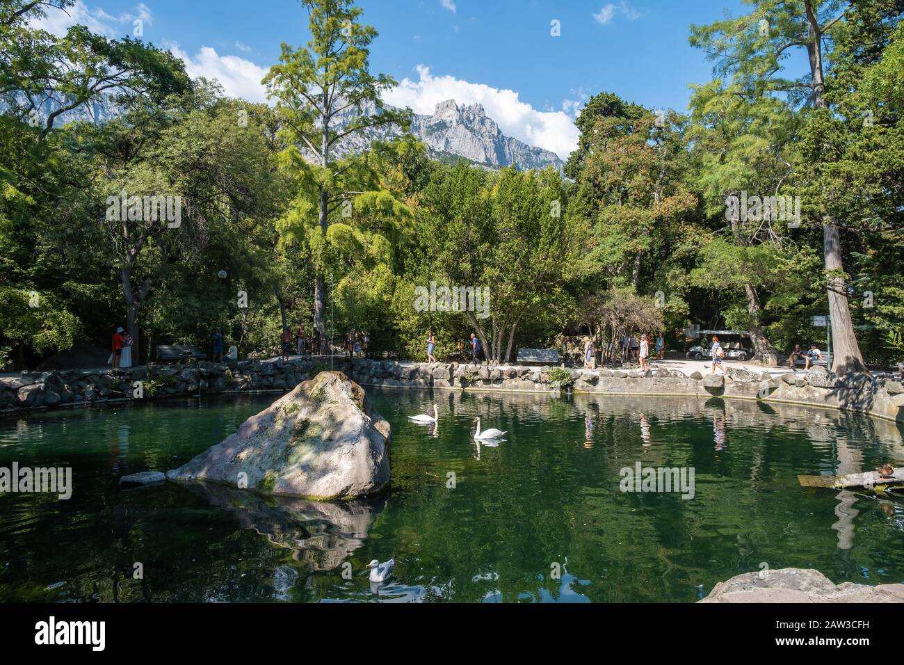 Yalta, Crimée - 09/04/2019: Un petit lac artificiel avec des cygnes blancs dans le parc Vorontsov. Banque D'Images