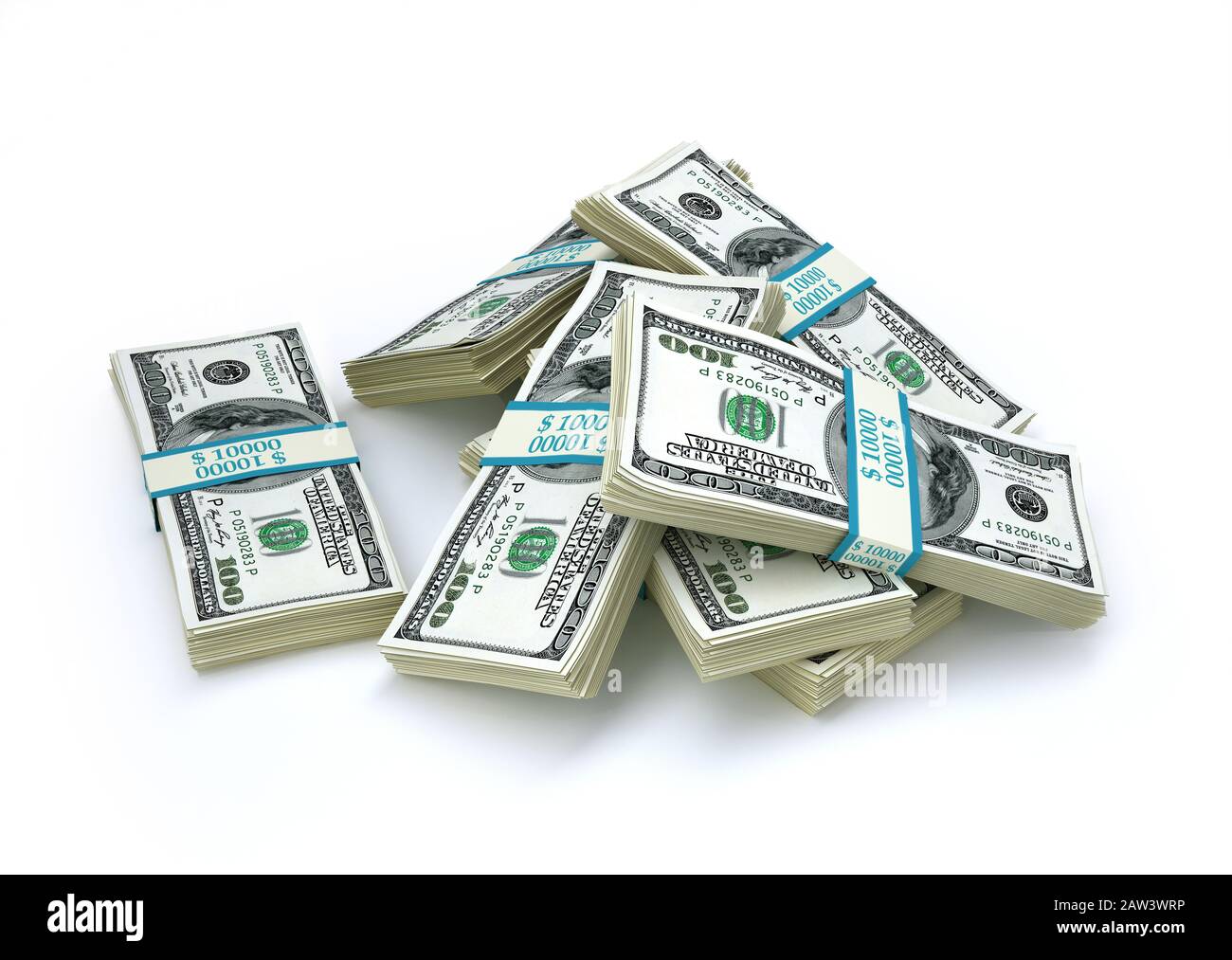 Argent. Groupe de quelques wads de 100 USD billets. Illustration tridimensionnelle sur fond blanc. Banque D'Images
