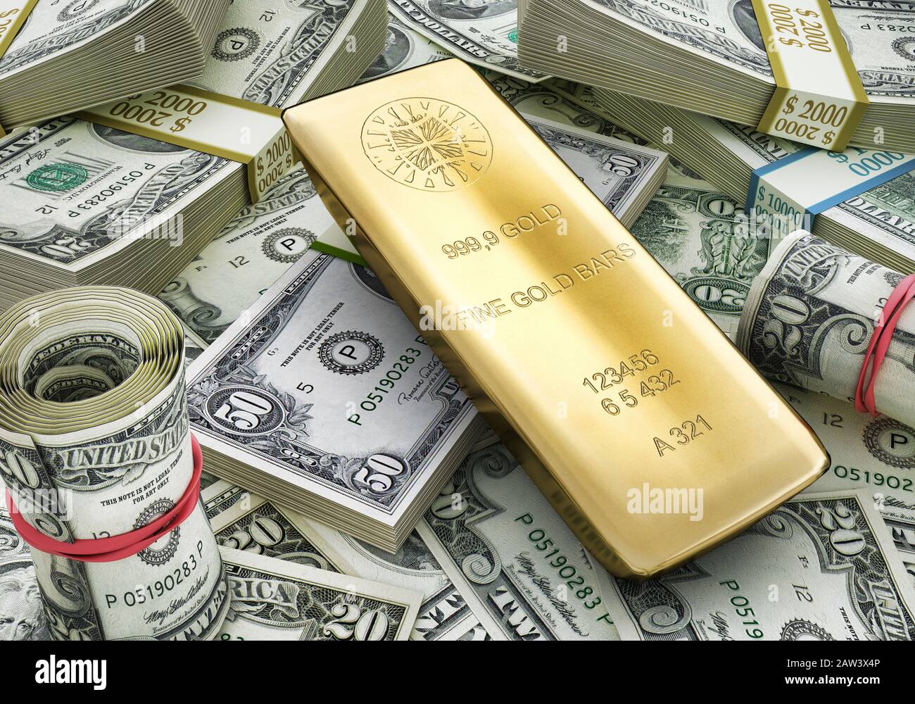 Argent. Wads mixtes de billets de banque en USD et de lingot d'or bar. Illustration tridimensionnelle. Banque D'Images