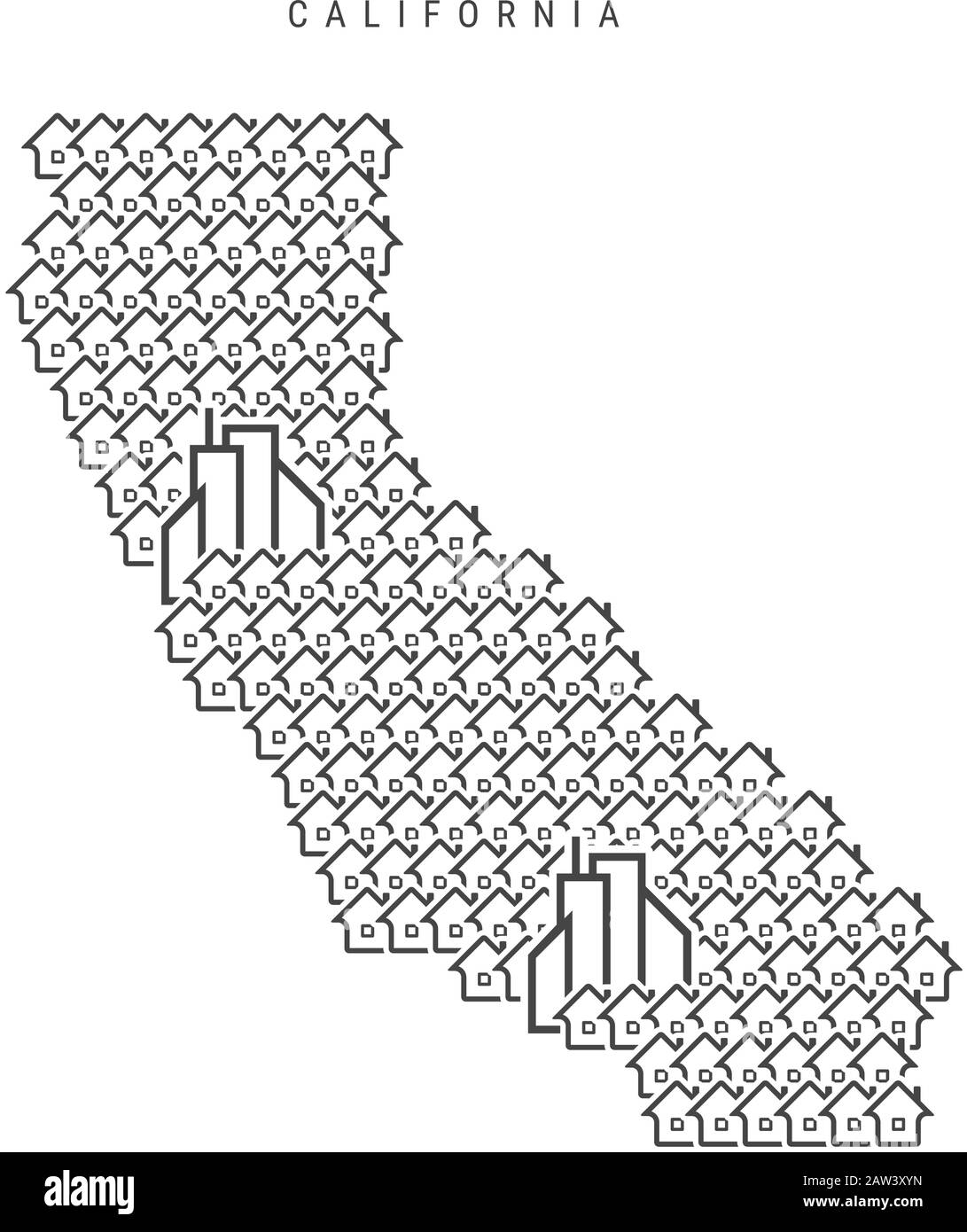 Carte de l'établissement California Real Estate. Icônes de maisons en forme de carte de Californie. Concept créatif pour une agence immobilière. Illustrati vectoriel Illustration de Vecteur