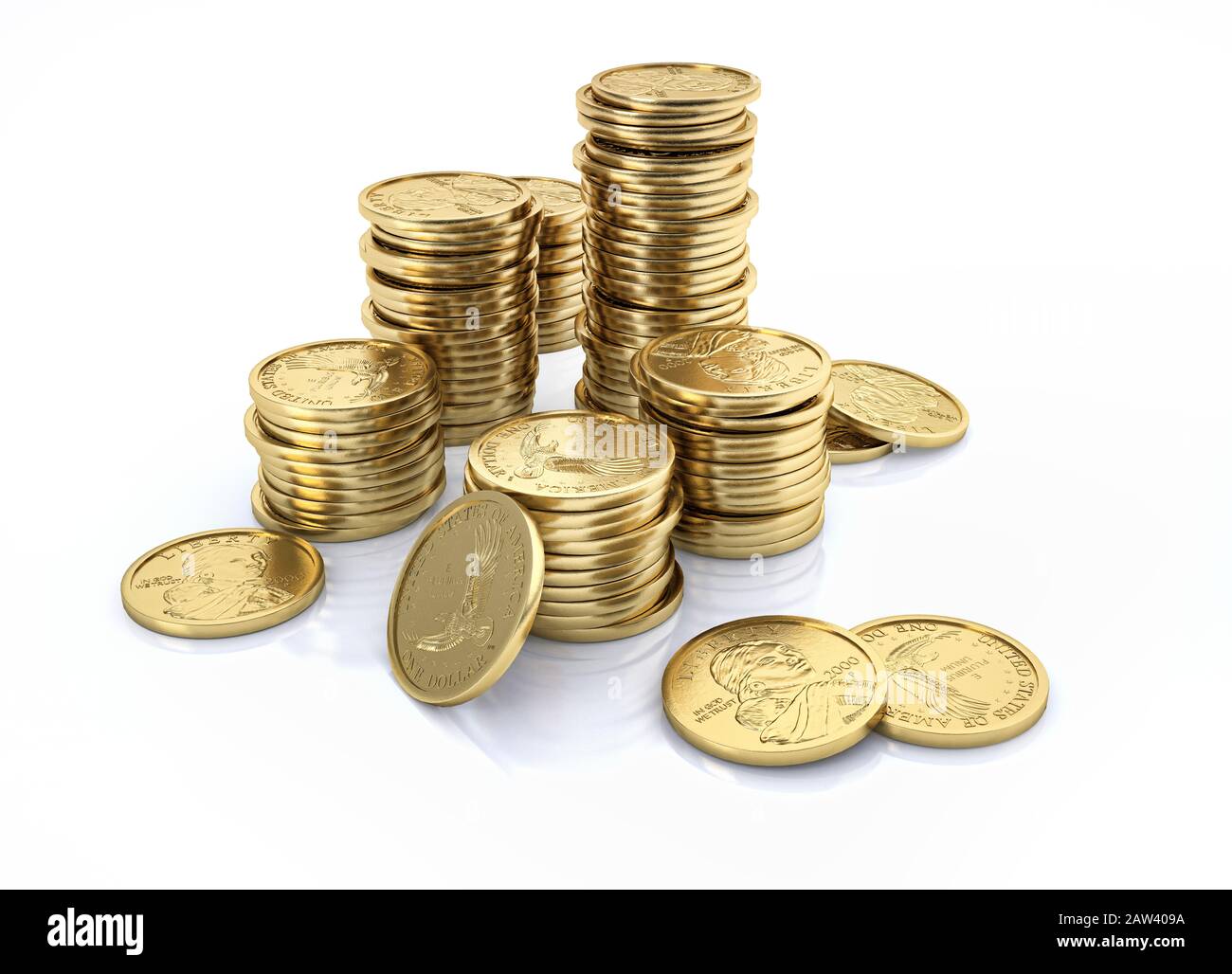 Argent. Piles de pièces d'or en dollars américains. Illustration tridimensionnelle sur fond blanc. Banque D'Images