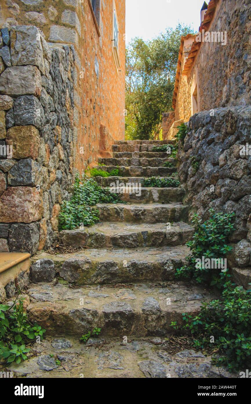 Escalier étroit en pierre dans le village de Deia à Majorque, Espagne Banque D'Images