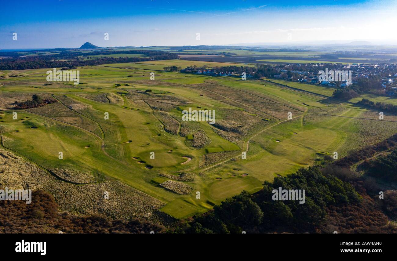 Vue aérienne du parcours de golf de Muirfield à Gullane , East Lothian, Ecosse, Royaume-Uni Banque D'Images