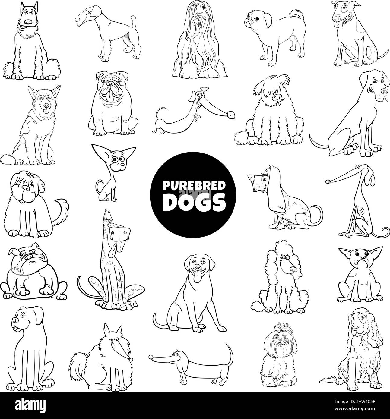 Black And White Cartoon Illustration Of Pubred Dogs And Puppies Pet Animal Characters Large Set Coloring Book Page Illustration de Vecteur