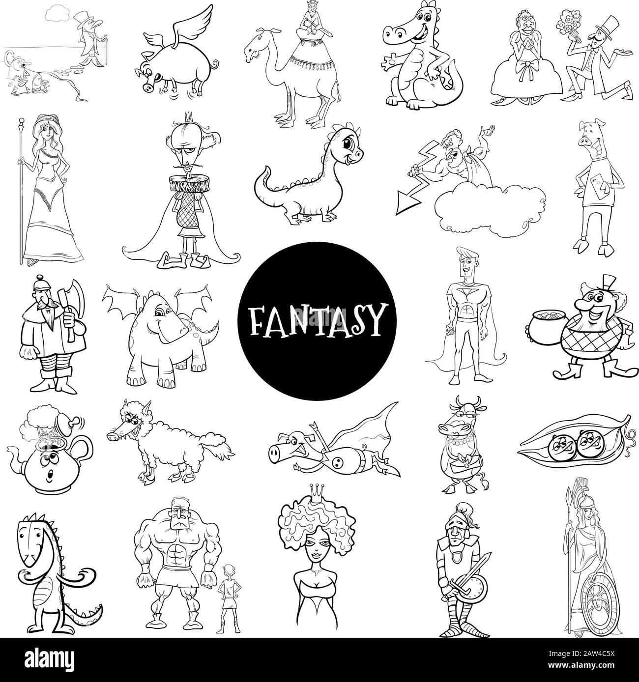 Black And White Cartoon Illustration Of Fantasy Ou Fairy Tale Comic Personnages Large Set Coloring Book Page Illustration de Vecteur