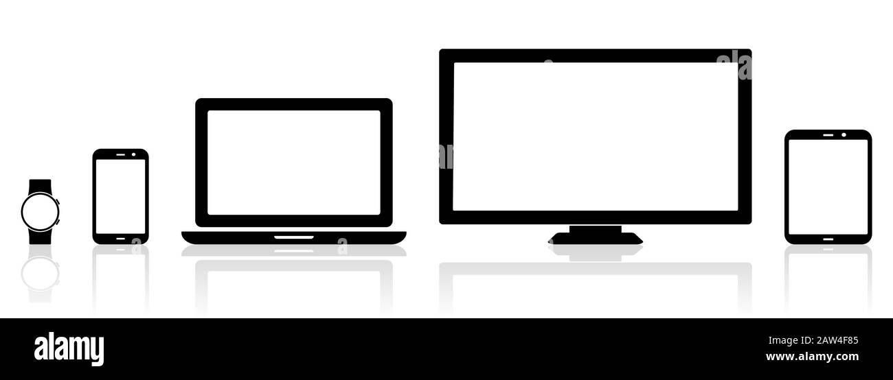 Appareil électronique isolé sur fond blanc. Vector illustration de smartwatch, smartphone, tablette, ordinateur portable et écran de télévision en EPS10 Illustration de Vecteur