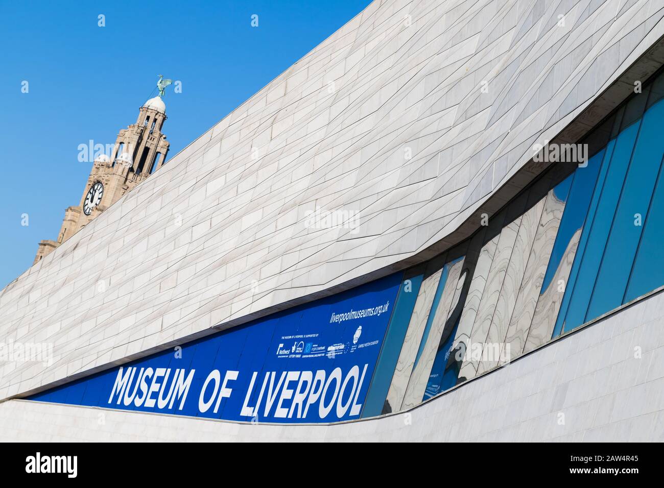 Oiseau de foie sur le dessus de la Royal Liver Buildin à Liverpool derrière les zigzag sur la façade du Musuem de Liverpool vu en février 2020. Banque D'Images